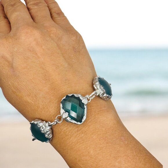 Artisan Crafted Sea Glass Cabochons Bracelet & Faceted Crystal Accent 9.5" - Picture 12 of 12